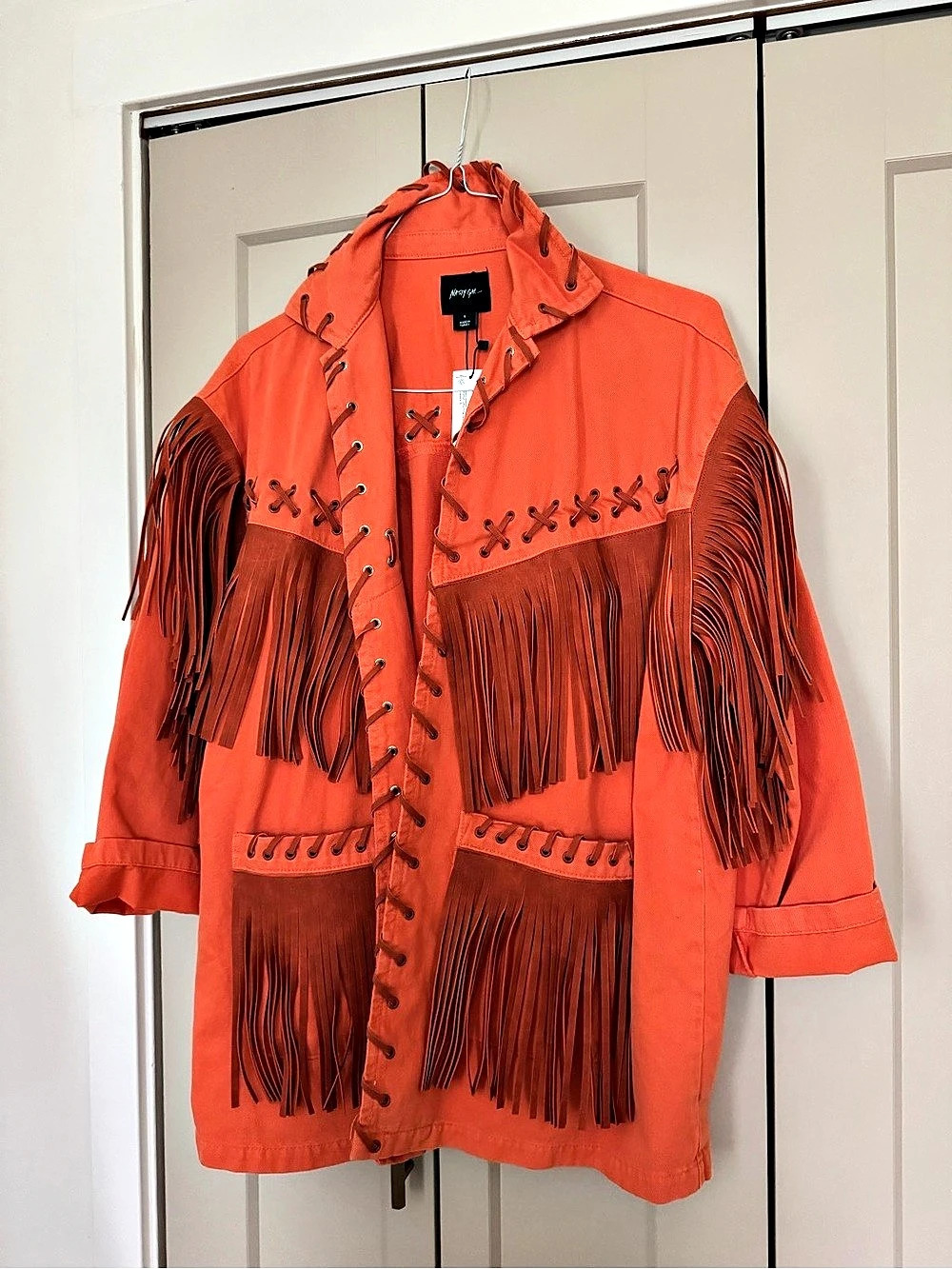 Nasty Gal Premium Fringe Denim Jacket Orange Medium